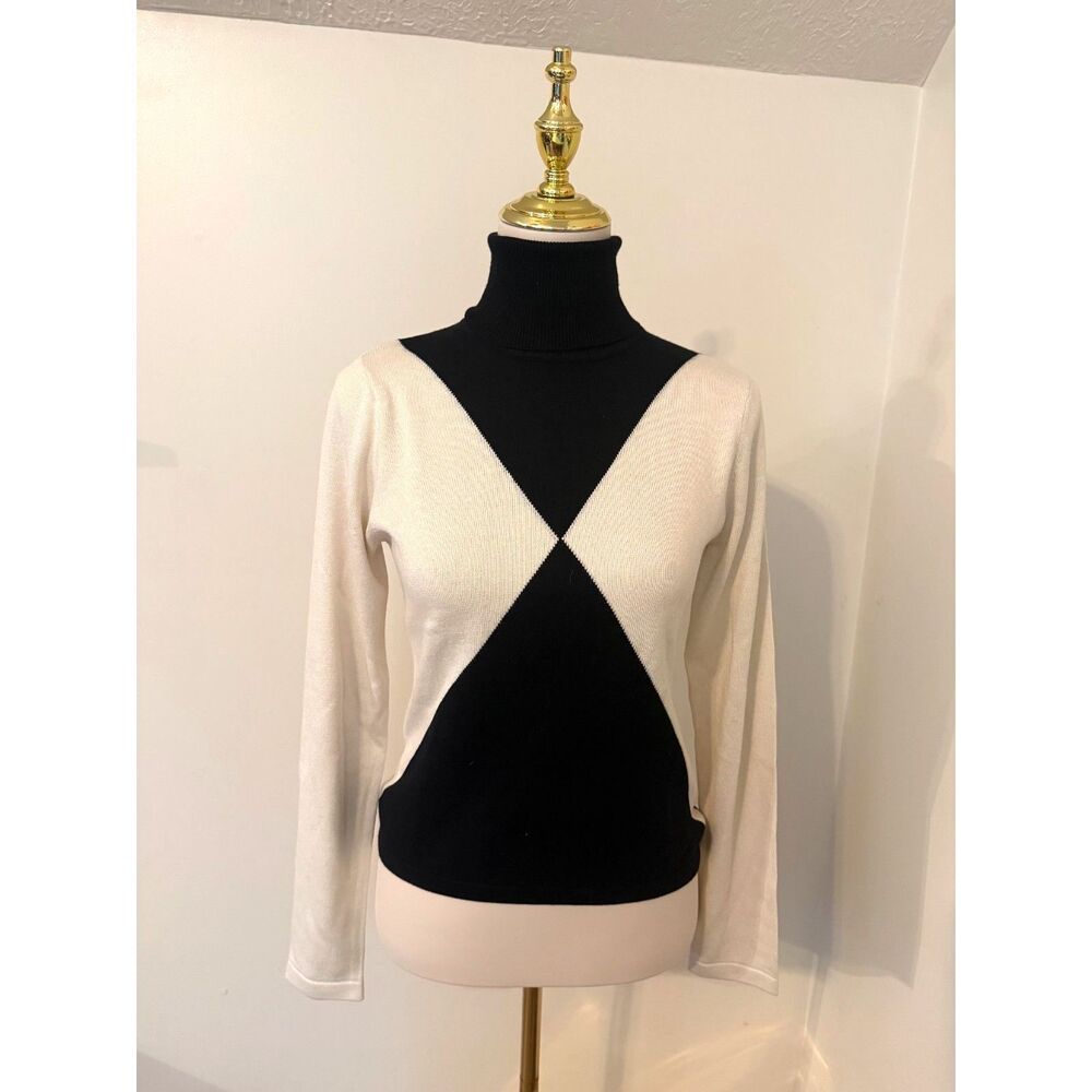 MICHAEL Michael Kors Silk Cashmere Colorblock Turtleneck Sweater M Black Ivory